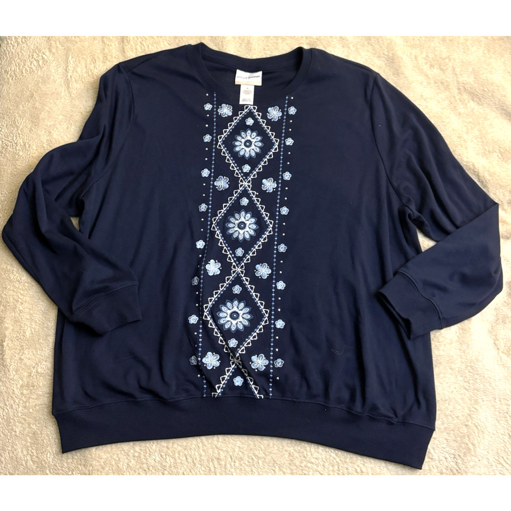 Alfred Dunner Top Sweeter Women Sz 3X Blue Long Sleeve Embroidered Beaded Knit
